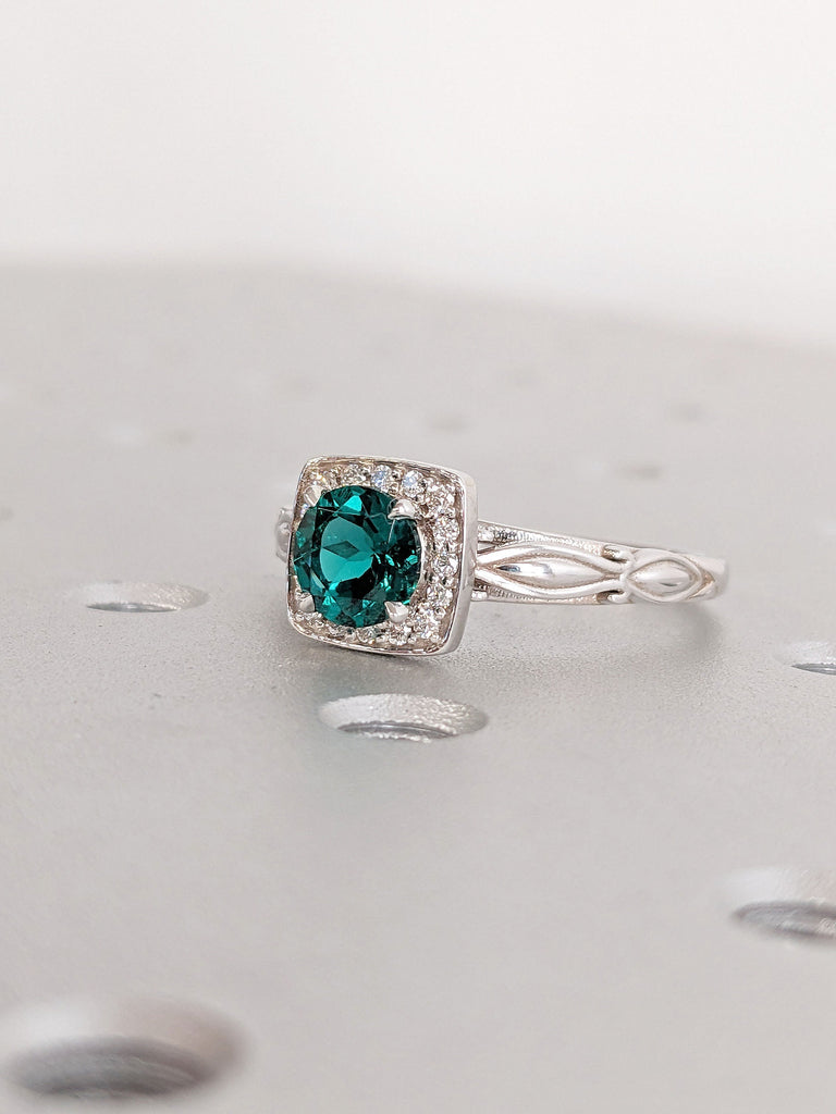 May Birthstone Lab Grown Emerald Women Wedding Anniversary Ring | Diamond Halo Hidden Heart Gallery Unique Proposal Ring | Tapered Gold Band