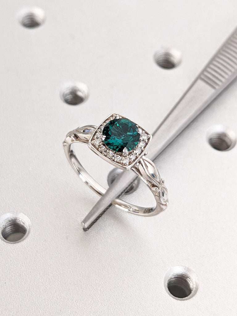 May Birthstone 1ct Round cut Lab Grown Emerald Unique Proposal Ring | 14K White Gold Diamond Halo Filigree Tapered Band