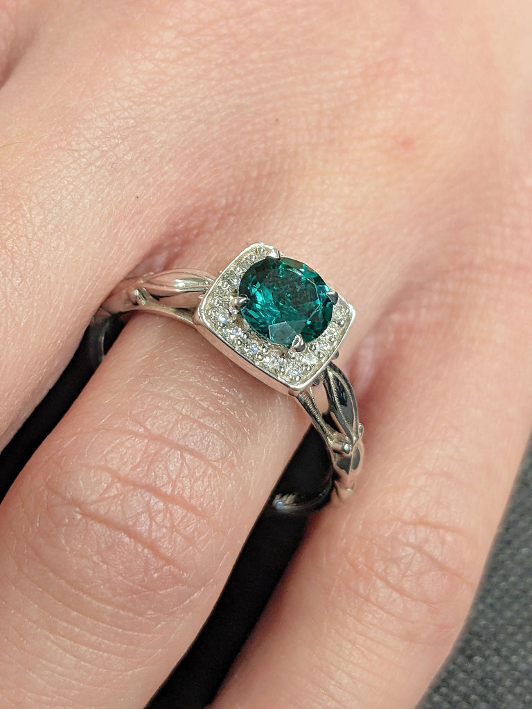 Round cut Green Lab Grown Emerald Vintage Inspired Engagement Cocktail Ring for Her | 14K Gold Square Diamond Halo Promise Ring | Vintage Inspired Filigree Wedding Band