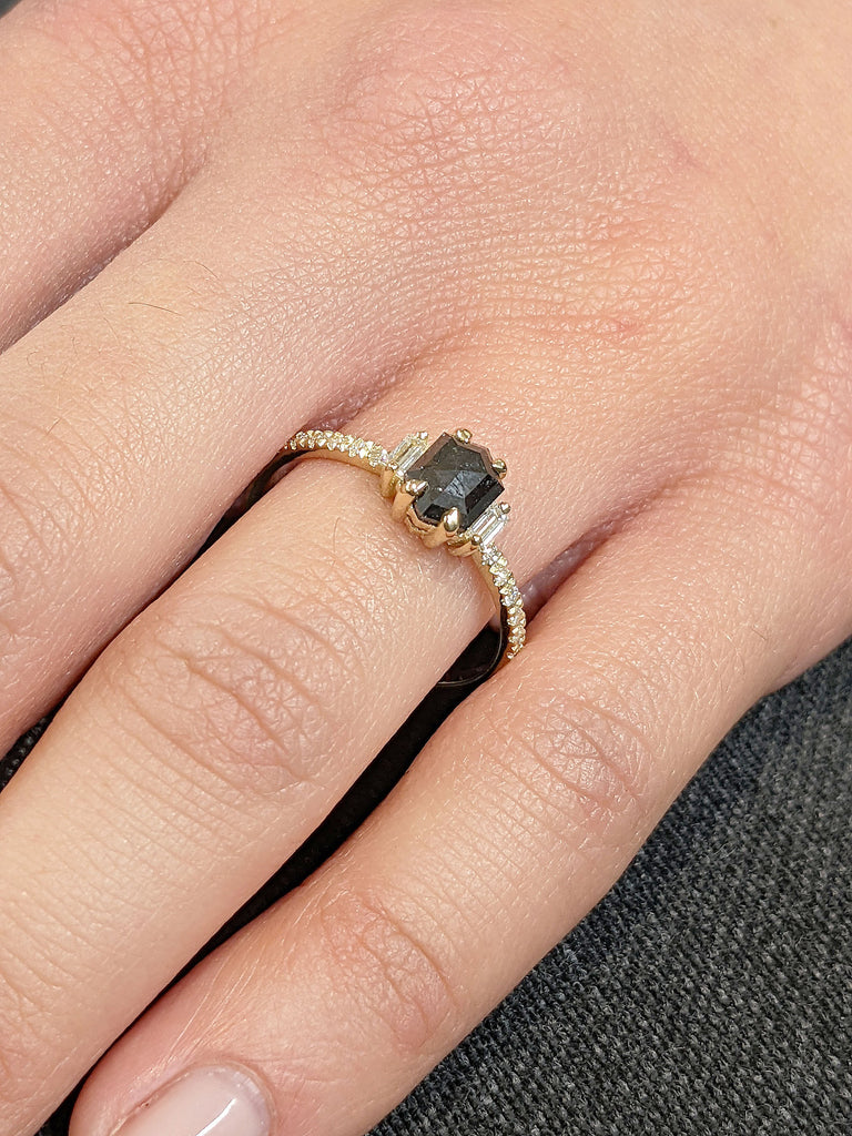 Hexagon cut Salt and Pepper Galaxy Diamond Unique Geometrical Proposal Ring for Her | 14K 18K Solid Gold Dainty Wedding Band | Baguette, Round cut Diamond Cluster Ring