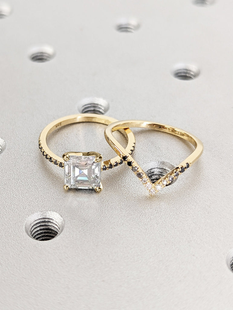 Vintage Moissanite Engagement Ring Set Unique Yellow Gold Engagement Ring Set Dainty Diamond Bridal Set Promise Ring Anniversary Gift