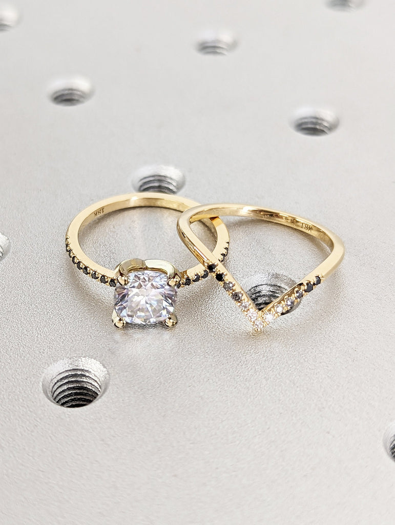 Vintage Moissanite Engagement Ring Set Unique Yellow Gold Engagement Ring Set Dainty Diamond Bridal Set Promise Ring Anniversary Gift