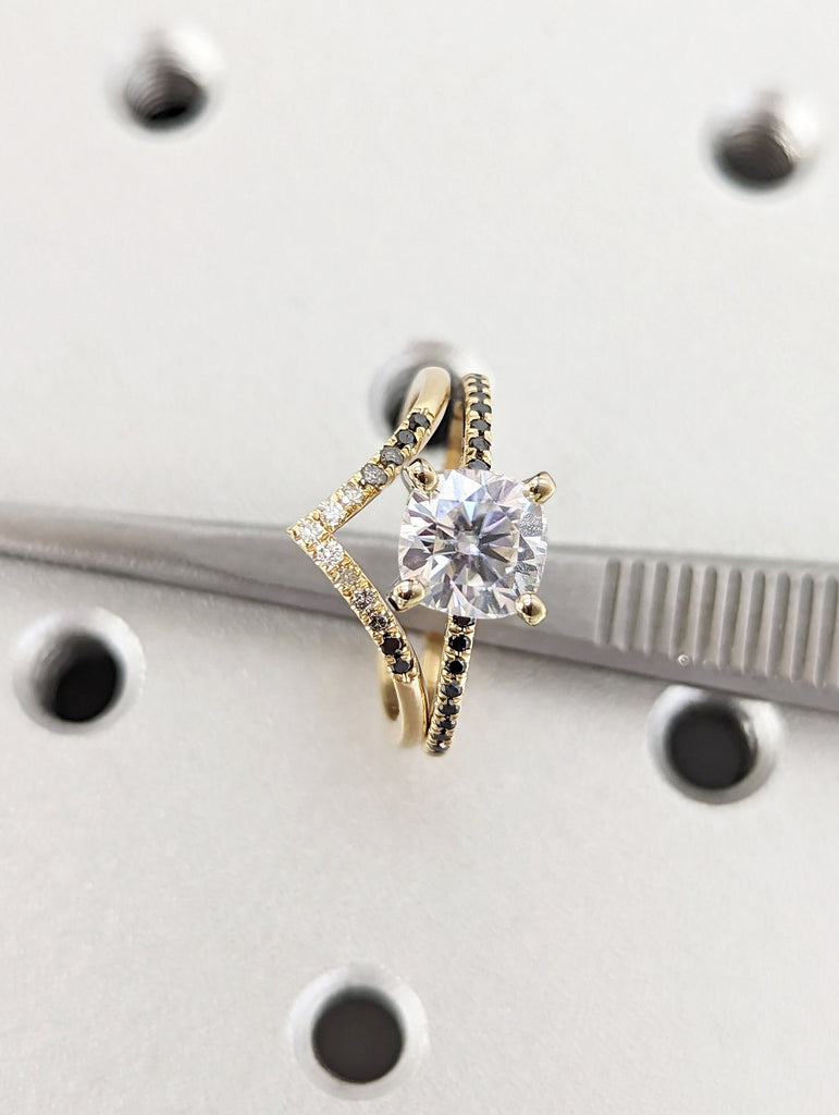 Vintage Moissanite Engagement Ring Set Unique Yellow Gold Engagement Ring Set Dainty Diamond Bridal Set Promise Ring Anniversary Gift