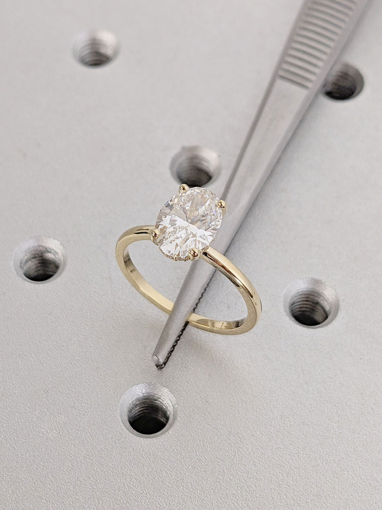 Oval CVD Lab Grown Diamond Women Wedding Anniversary Ring | 14K Yellow Gold Moissanite Hidden Halo Proposal Ring | Thin Band Bridal Jewelry