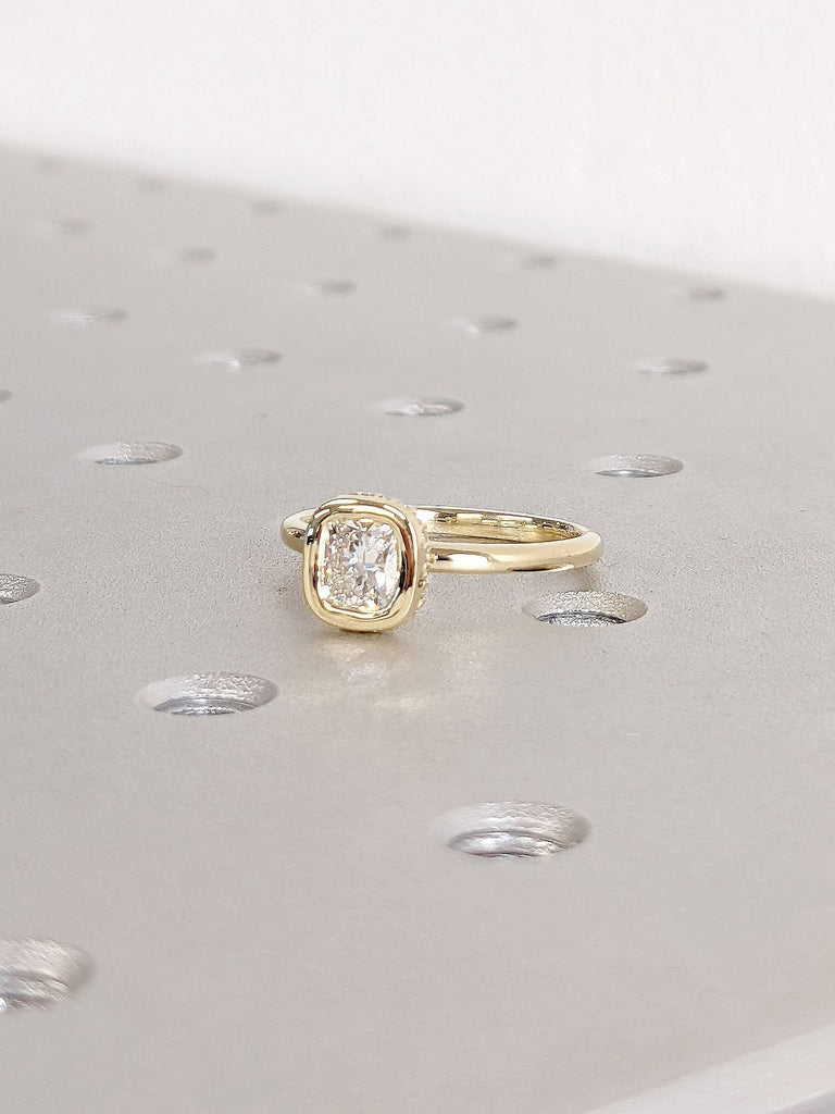 Colorless Cushion Cut Moissanite Solitaire Engagement Promise Ring | 14K 18K Thin Yellow Gold Band | Diamond Hidden Halo | Timeless Jewelry