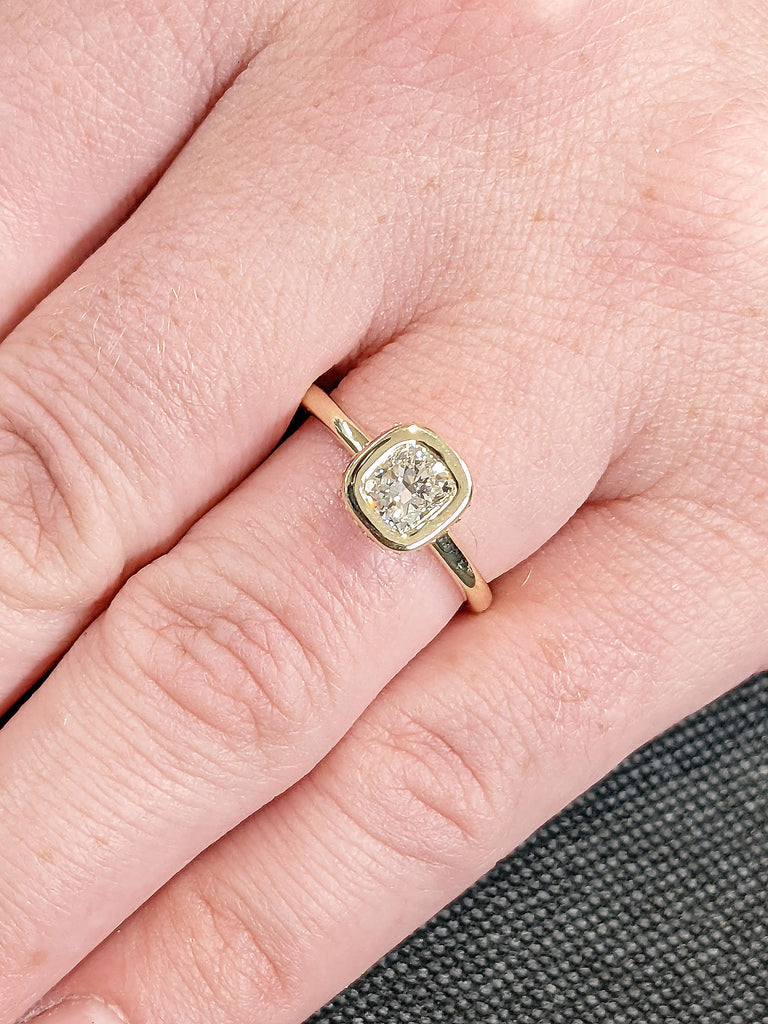 Bezel set Cushion cut Colorless Moissanite Engagement Ring for Her | 14k 18K Gold, Platinum Diamond Hidden Halo Promise Ring | Minimalist Bridal Jewellery
