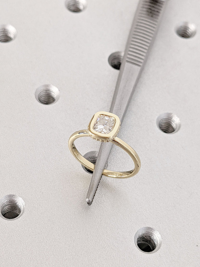 Colorless Cushion Cut Moissanite Solitaire Engagement Promise Ring | 14K 18K Thin Yellow Gold Band | Diamond Hidden Halo | Timeless Jewelry