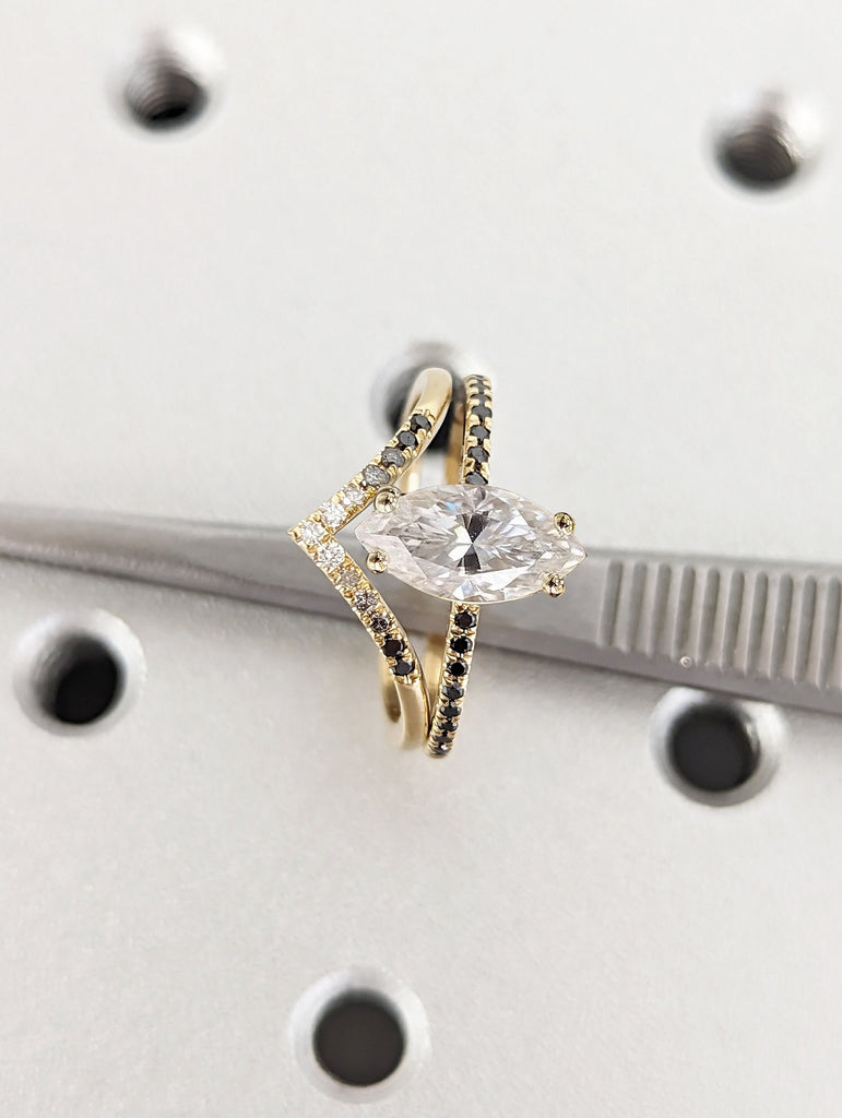 Vintage Moissanite Engagement Ring Set Unique Yellow Gold Engagement Ring Set Dainty Diamond Bridal Set Promise Ring Anniversary Gift