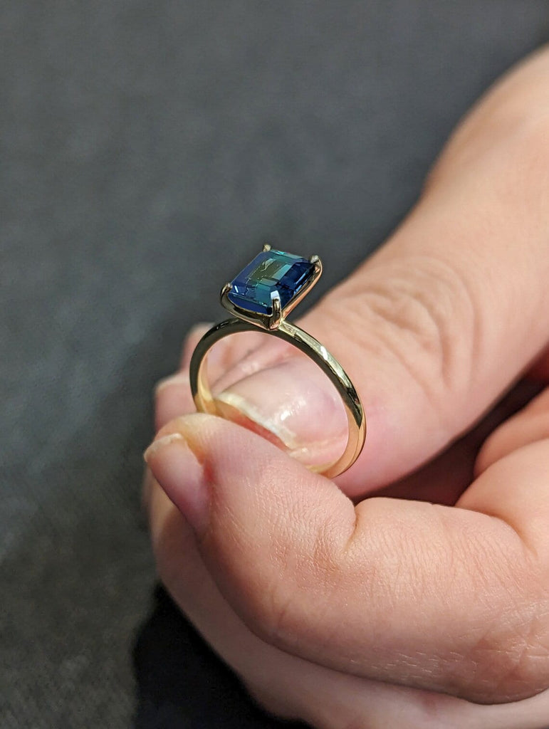 Natural Teal Sapphire Engagement Ring, 4 Prong Setting Ring, Emerald Cut Solitaire Montana Sapphire, Blue Green Peacock Sapphire Ring Bridal