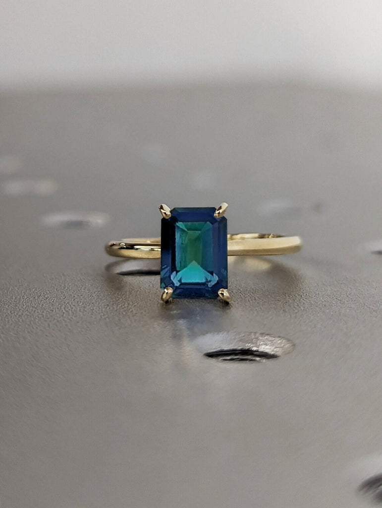 1CT Emerald Cut Teal Sapphire Engagement Ring, Vintage Solitaire Blue-Green Montana Sapphire Wedding Anniversary Gift, Peacock Sapphire Ring