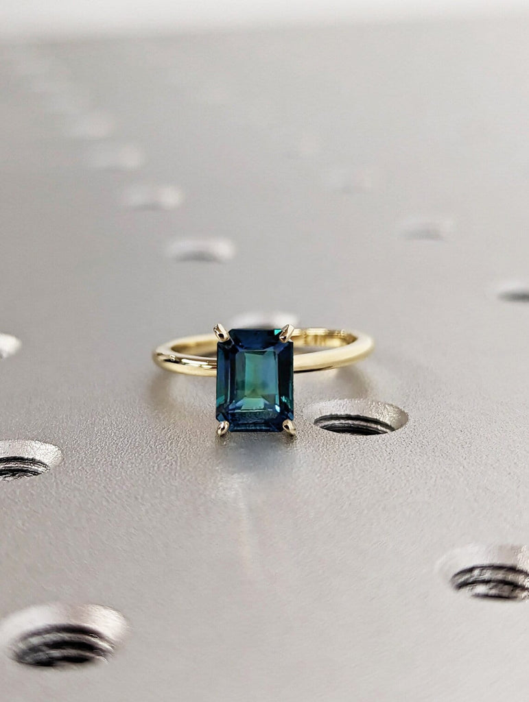 Natural Montana Peacock Sapphire Solitaire Women Engagement Cocktail Ring | Solid Gold, Platinum Thin Wedding Band | Emerald cut Jewellery