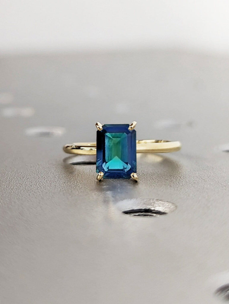 Natural Montana Peacock Sapphire Solitaire Women Engagement Cocktail Ring | Solid Gold, Platinum Thin Wedding Band | Emerald cut Jewellery