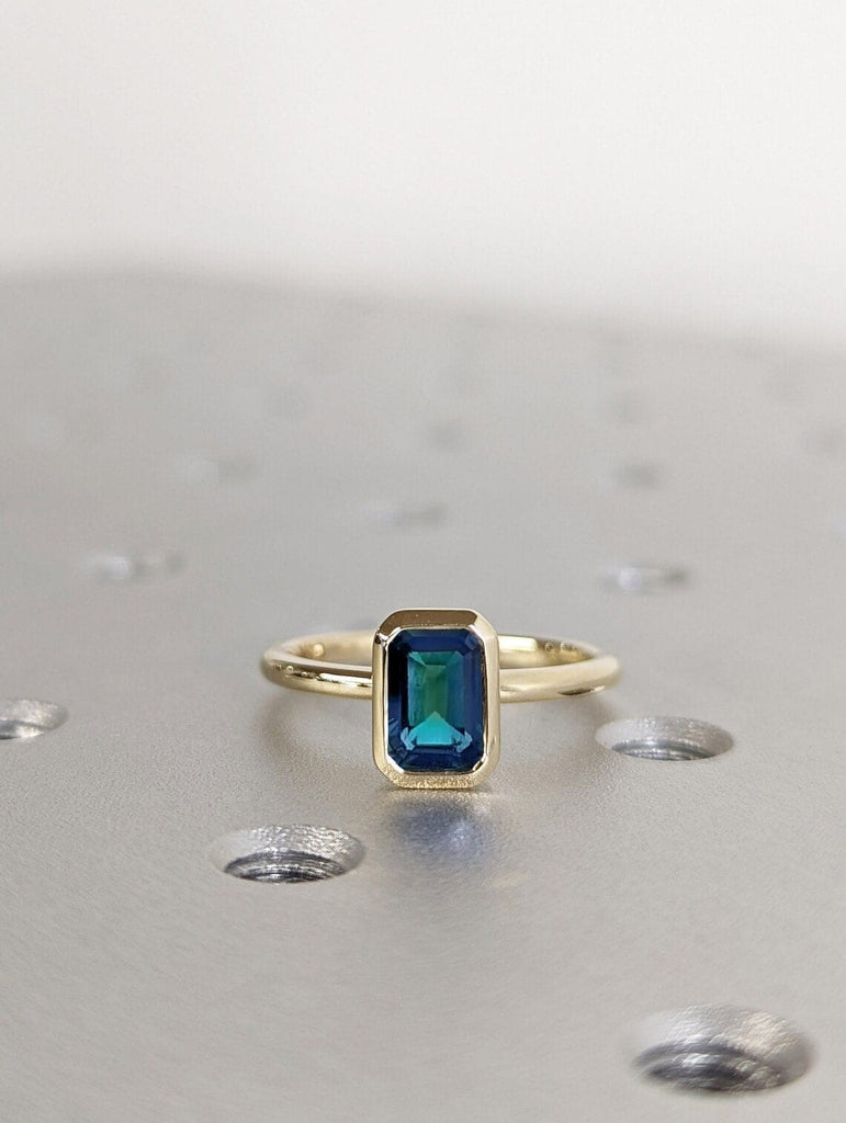 1CT Emerald Cut Teal Sapphire Engagement Ring, Bezel Setting Vintage Solitaire Blue-Green Montana Sapphire Wedding Anniversary Gift for Her