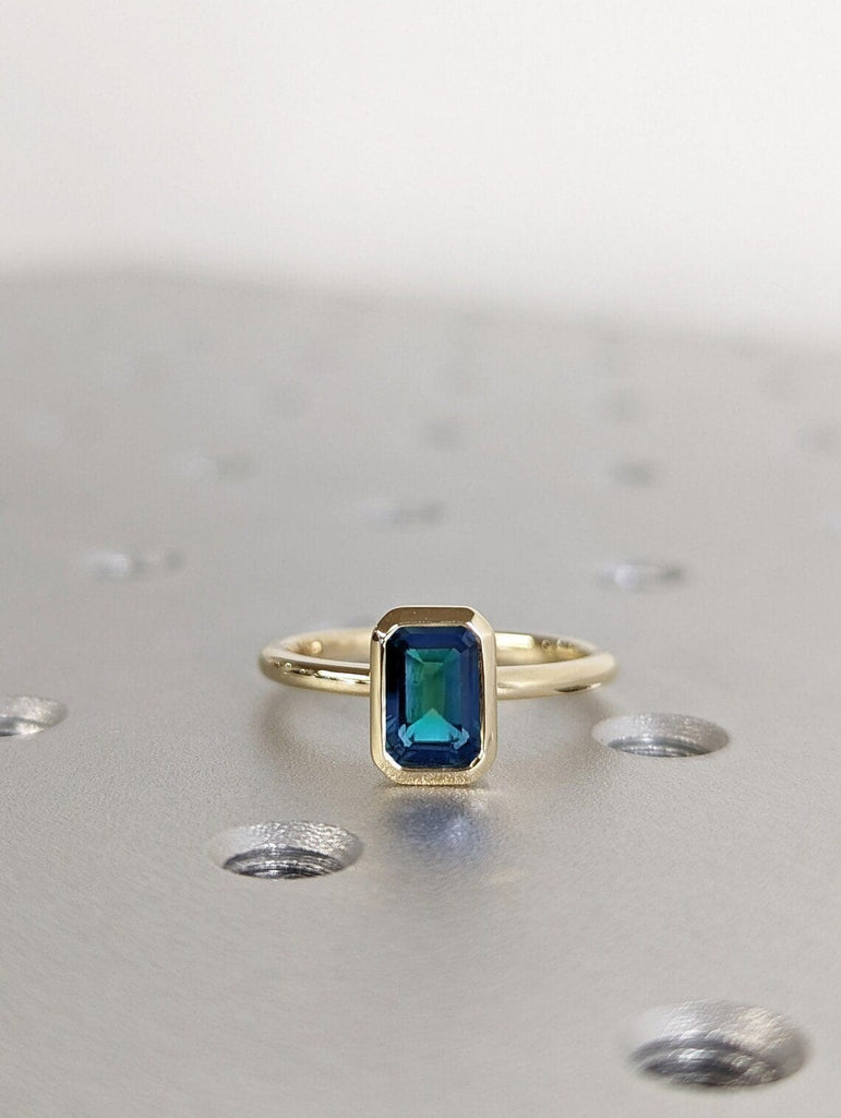 Emerald Cut Montana Sapphire Engagement Ring / Vintage Style Bezel Ring / Natural Teal Blue Green Peacock Sapphire Gold Ring / Gifts For Her