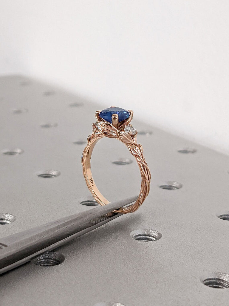 14K Rose Gold Blue Lab Sapphire Unique Floral Proposal Ring for Her | Rustic Twigs and Leaf Platinum 3 Stone Trilogy Diamond Wedding Band