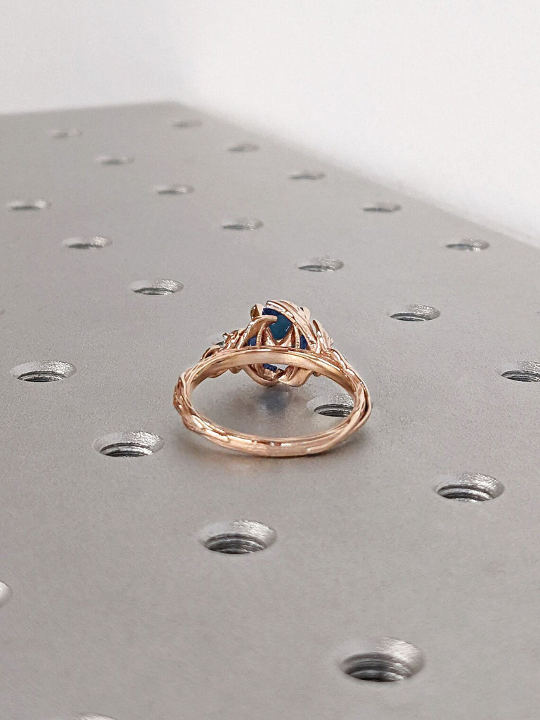 14K Rose Gold Blue Lab Sapphire Unique Floral Proposal Ring for Her | Rustic Twigs and Leaf Platinum 3 Stone Trilogy Diamond Wedding Band