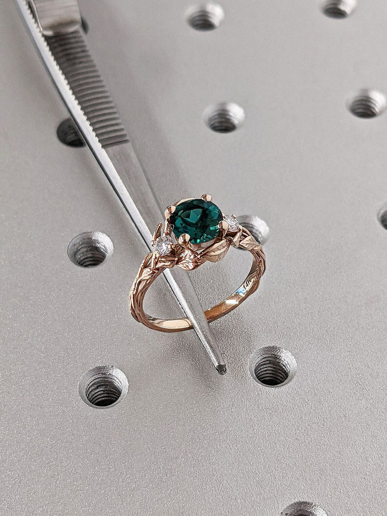 Nature Inspired 3 Stone Trinity Lab Emerald, Diamond or Moissanite Alternative Engagement Promise Ring for Her | 14K 18K Rose Gold Twigs and Leafs Rustic Wedding Band