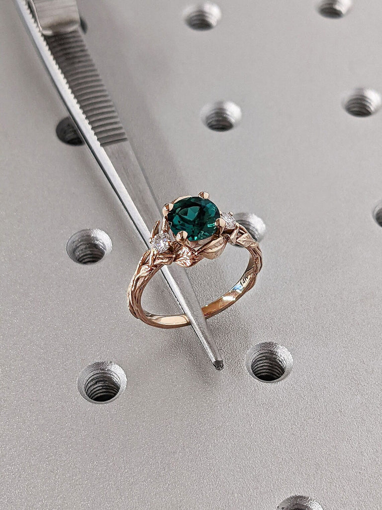 Nature Inspired 3 Stone Trinity Lab Emerald, Diamond or Moissanite Alternative Engagement Promise Ring for Her | 14K 18K Rose Gold Twigs and Leafs Rustic Wedding Band