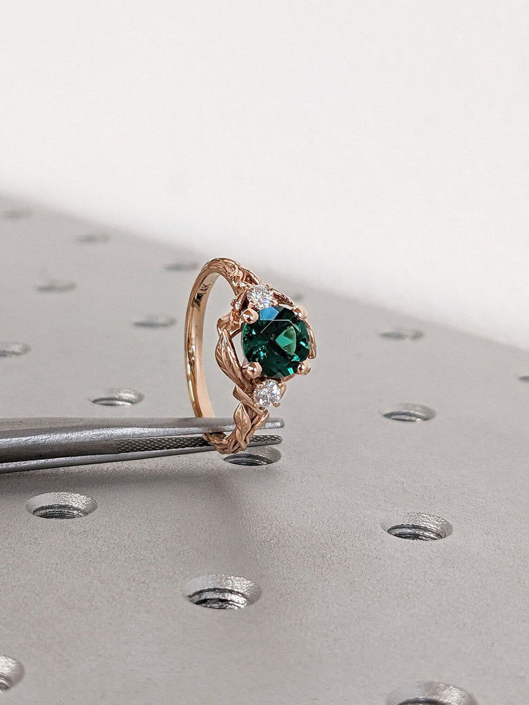 Rustic Lab Created Emerald May Birthstone Wedding Anniversary Ring for Wife | Solid Rose Gold, Platinum Diamond Promise Ring