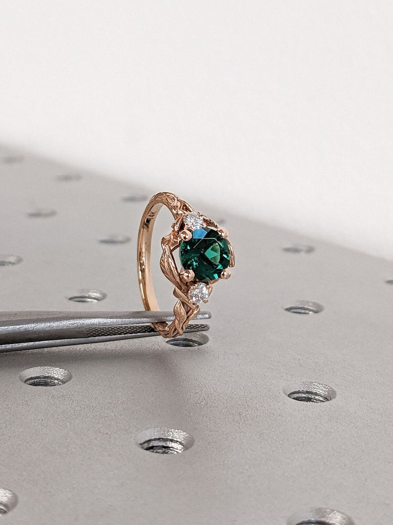 Round cut Green Lab Grown Emerald Engagement Cocktail Ring for Her | Nature Inspired 14K 18K Rose Gold 3 Stone Trinity Diamond Proposal Ring image #4