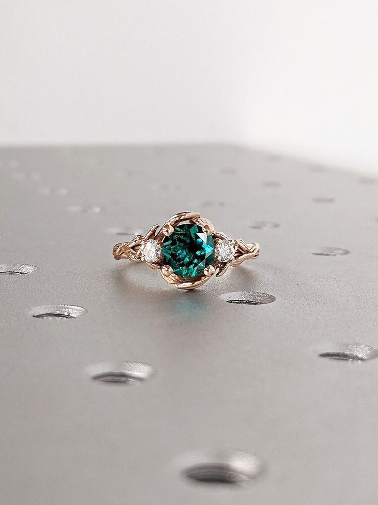 1ct Round cut Lab Grown Emerald Rustic Nature Inspired Engagement Cocktail Ring for Her | 14K 18K Rose Gold Personalized Bridal Jewelry