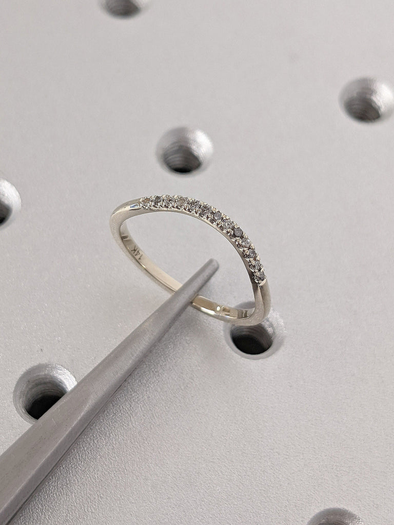 Chevron Thin Gold Band for Her | Round Salt and Pepper Gray Diamond Cluster Half Eternity Wedding Ring | White Gold, Platinum Bridal Jewelry