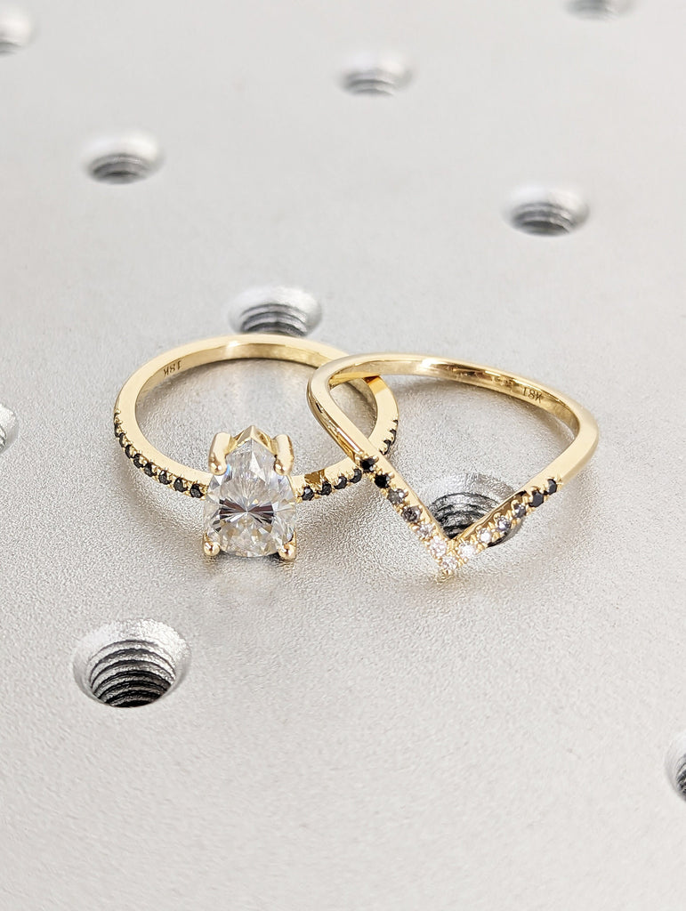 Vintage Moissanite Engagement Ring Set Unique Yellow Gold Engagement Ring Set Dainty Diamond Bridal Set Promise Ring Anniversary Gift