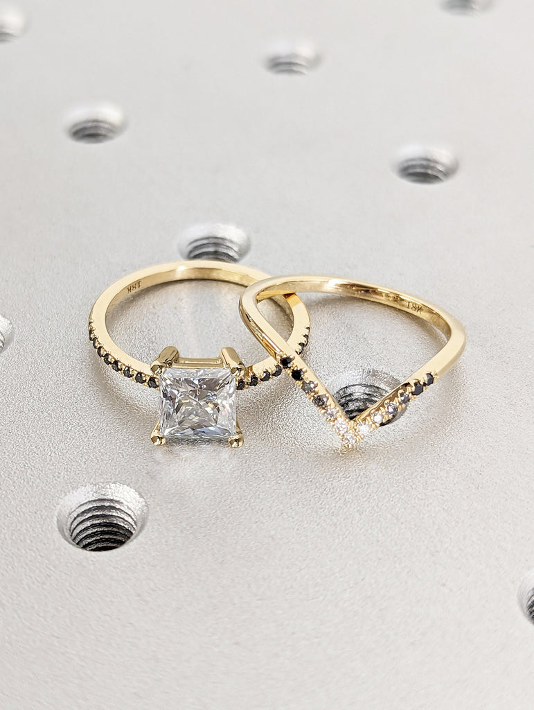 Vintage Moissanite Engagement Ring Set Unique Yellow Gold Engagement Ring Set Dainty Diamond Bridal Set Promise Ring Anniversary Gift