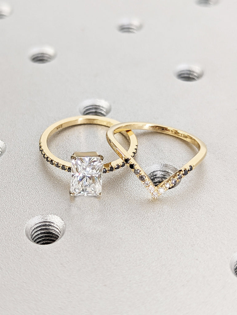 Vintage Moissanite Engagement Ring Set Unique Yellow Gold Engagement Ring Set Dainty Diamond Bridal Set Promise Ring Anniversary Gift