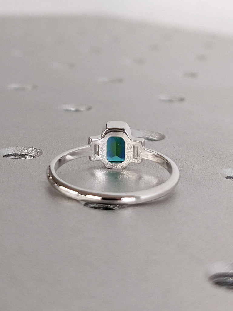 Montana Sapphire Engagement Ring, Bezel Set 3 Stone Trellis Ring, Emerald Cut Peacock Blue Green Teal Sapphire, Baguette Diamond/Moissanite