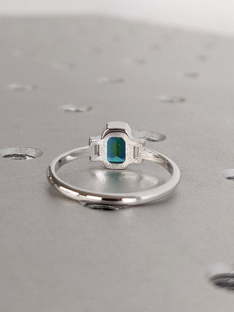 Emerald cut Blue Green Teal Sapphire Women Wedding Anniversary Ring | Solid White Gold Multi Stone Baguette Moissanite Trinity Promise Ring