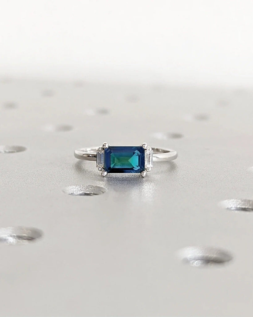 Unique Blue Green Montana Sapphire Engagement Ring, Teal Sapphire and Diamond/Moissanite Baguette Ring, Vintage Style Art Deco Wedding Ring