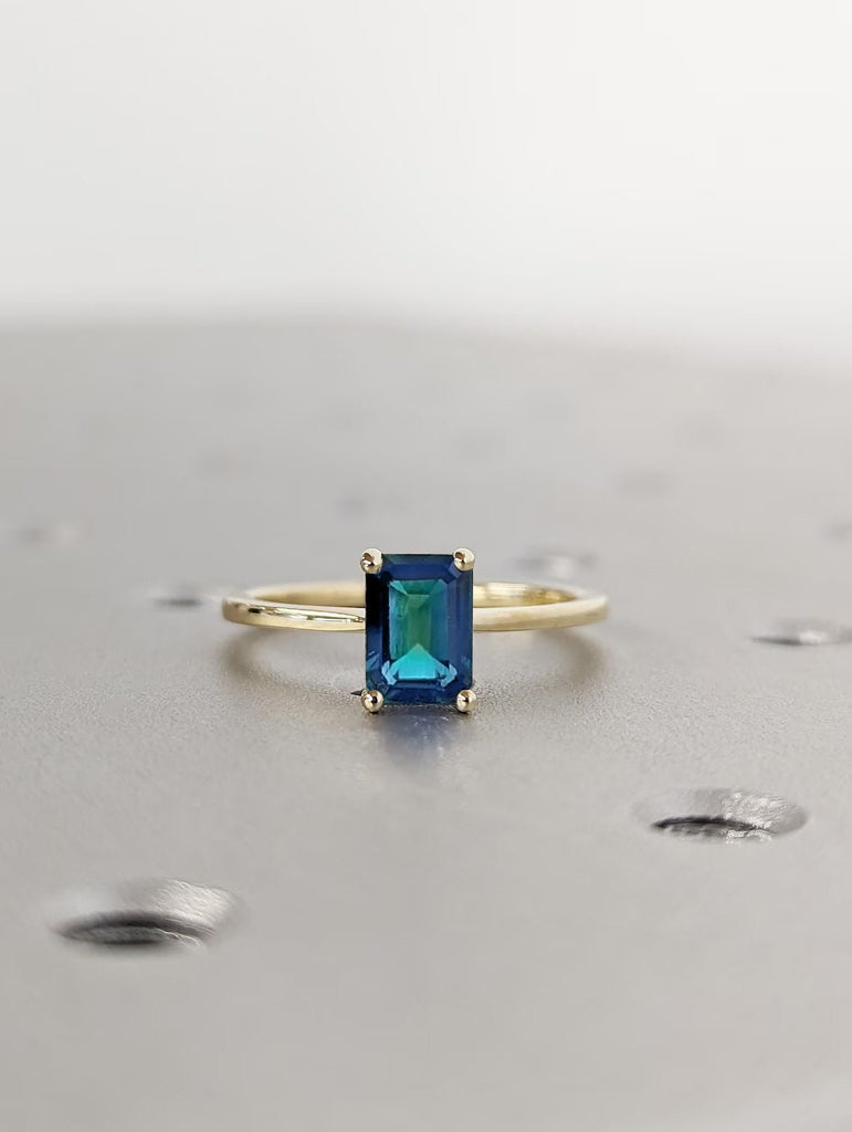 1CT Emerald Cut Teal Sapphire Engagement Ring, Montana Sapphire Vintage Diamond Hidden Halo Blue-Green Sapphire Anniversary Gift for Her