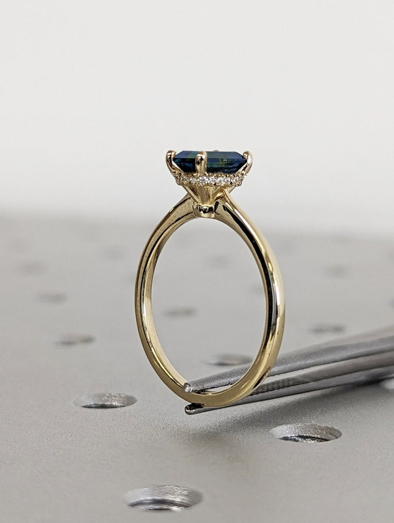 1CT Emerald Cut Teal Sapphire Engagement Ring, Montana Sapphire Vintage Diamond Hidden Halo Blue-Green Sapphire Anniversary Gift for Her