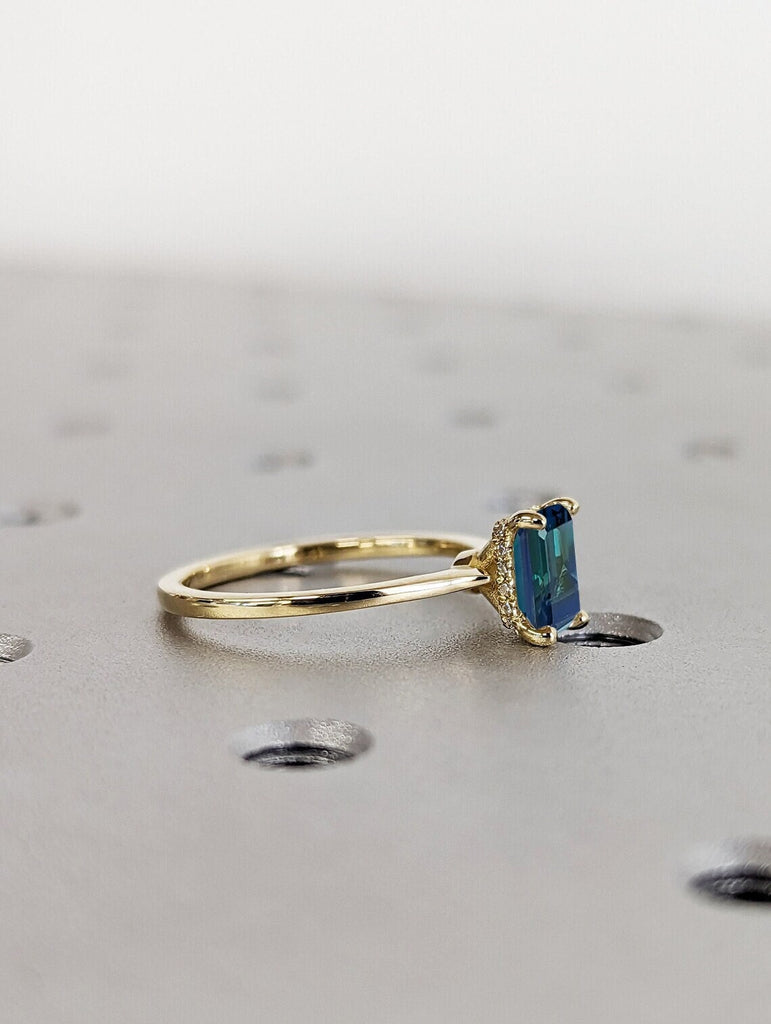 Natural Blue Green Sapphire Solitaire Engagement Proposal Ring for Her | Solid Yellow Gold Diamond Hidden Halo Unique Promise Ring