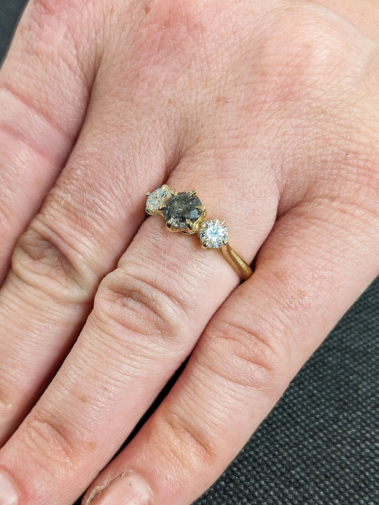 1ct Natural Salt and Pepper Grey Diamond, Moissanite 3 Stone Trellis Wedding Anniversary Ring | Art Deco Multi Stone Solid Gold Unique Proposal Ring for Her