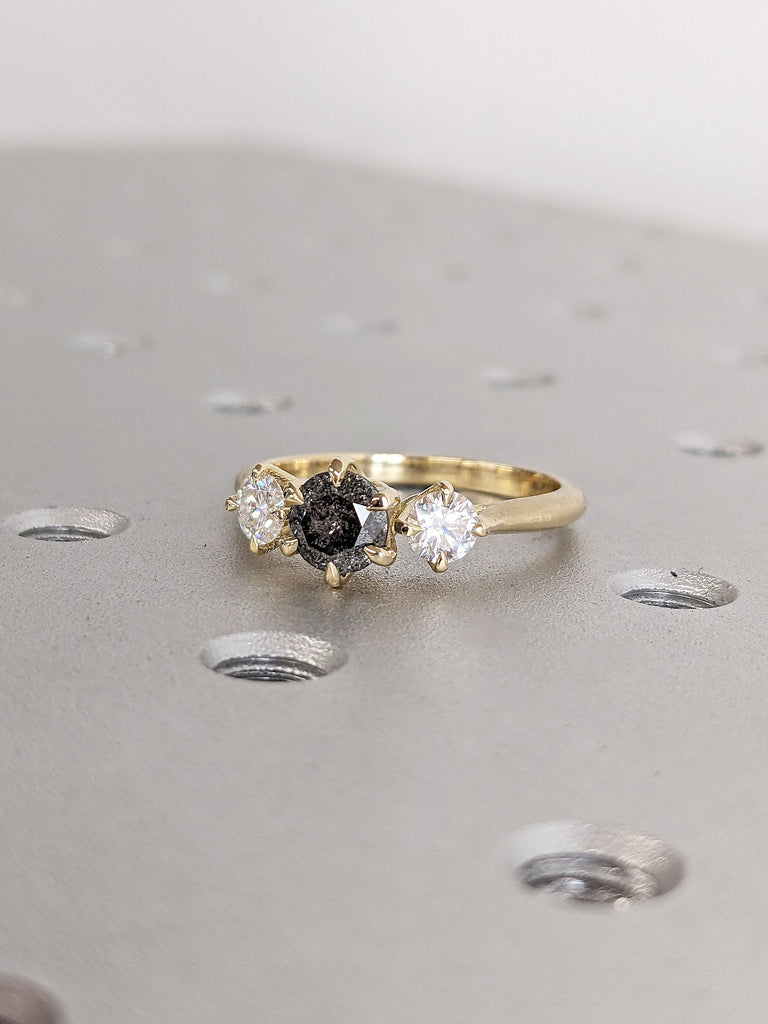 Round cut Salt and Pepper Galaxy Diamond Engagement Cocktail Trellis Ring for Her | 14K 18K Solid Yellow Gold Polished Wedding Band | Alternative Bridal Jewelry