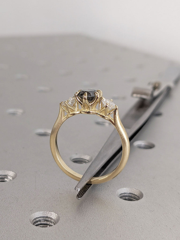 3 Stone Trellis Polished Engagement Ring, Natural Salt and Pepper Galaxy Diamond Wedding Anniversary Ring | 14K 18K Gold, Platinum Bridal Jewellery