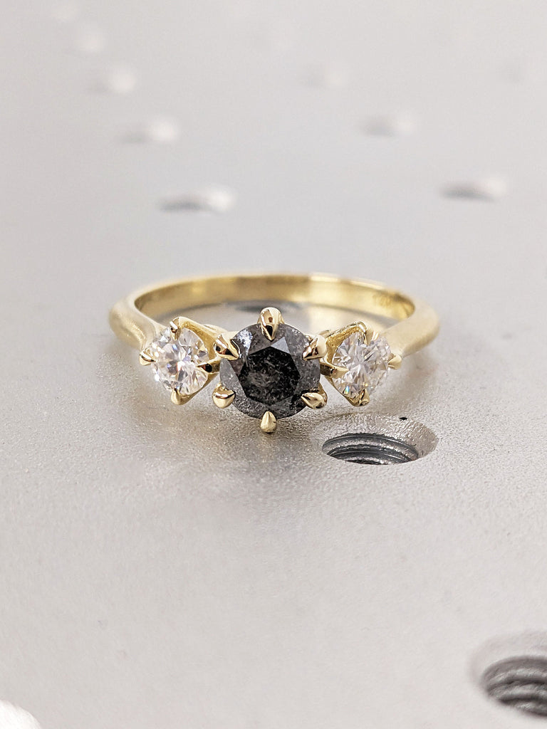 3 Stone Round cut Salt and Pepper Galaxy Diamond Women Engagement Cocktail Ring | 14K 18K Polished Yellow Gold Wedding Band Bridal Jewelry