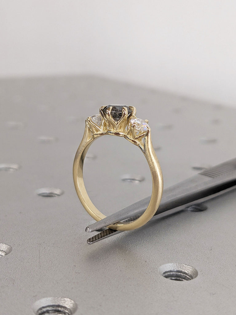 14K 18K Polished Gold Band Jewelry | Multi Stone Salt and Pepper Grey Diamond Unique Proposal Trellis Ring for Her