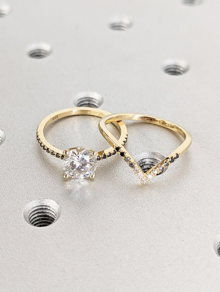 Vintage Moissanite Engagement Ring Set Unique Yellow Gold Engagement Ring Set Dainty Diamond Bridal Set Promise Ring Anniversary Gift