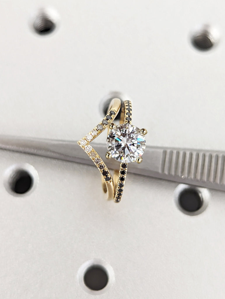 Vintage Moissanite Engagement Ring Set Unique Yellow Gold Engagement Ring Set Dainty Diamond Bridal Set Promise Ring Anniversary Gift