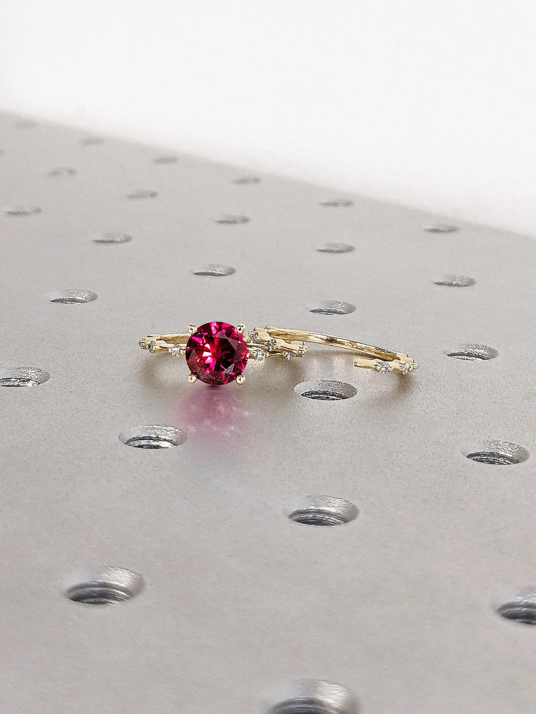 July Birthstone Lab Ruby Women Wedding Anniversary Ring Set | Custom 14K 18K Yellow Gold Knife Edge Moissanite Dainty Stacking Promise Ring