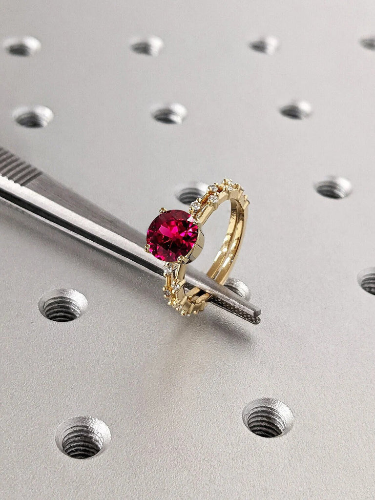 Round cut Red Lab Grown Ruby Engagement Cocktail Matching Ring Set | Dainty Solid Gold Distance Band Moissanite Custom Eternity Ring for Her