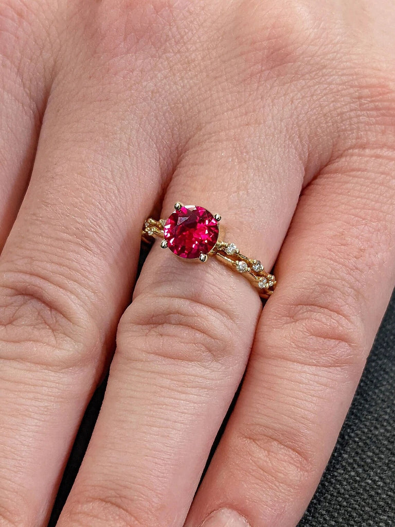 July Birthstone 2ct Lab Created Ruby Solitaire Women Unique Proposal Ring | Knive Edge 14K Yellow Gold Thin Band Wedding Anniversary Ring | Alternative Bridal Jewelry Set