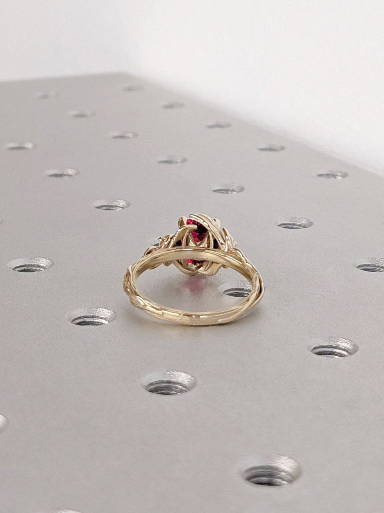 Red Lab Ruby July Birthstone Women Cocktail Proposal Ring | Rustic Twig and Leafs Solid Gold, Platinum Wedding Anniversary Ring for Wife