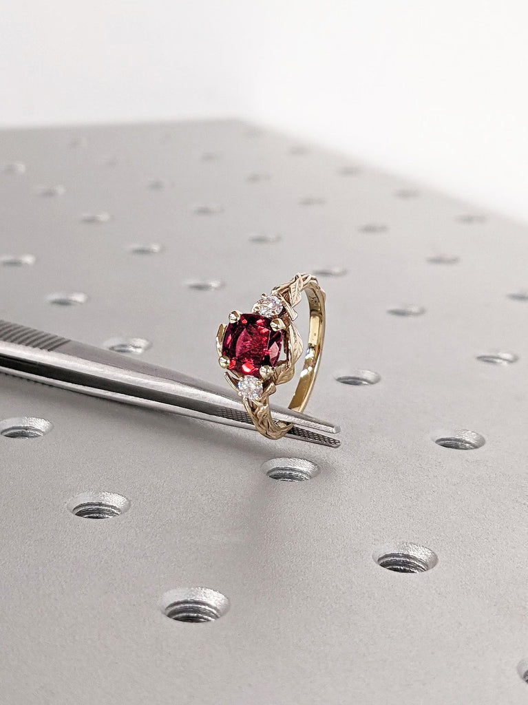 Cushion cut Lab Grown Ruby 14K Yellow Gold Rustic Promise Ring | Nature Inspired Leaves Motif Custom Engagement Wedding Anniversary Ring