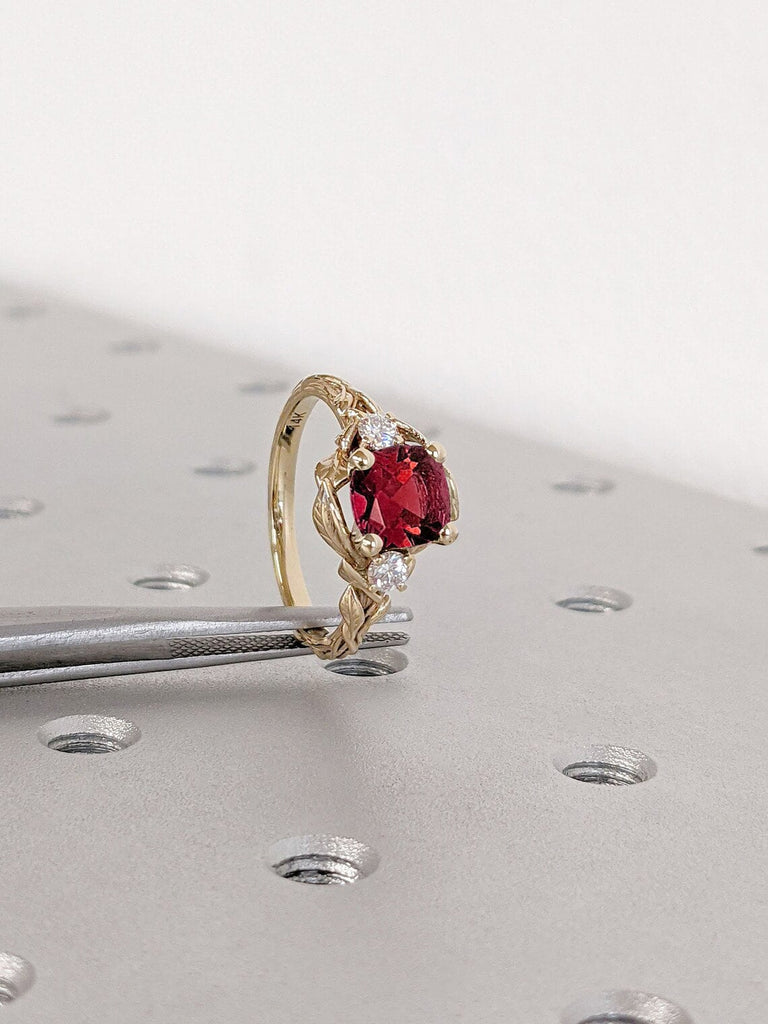 1ct Red Lab Grown Ruby July Birthstone Cocktail Proposal Ring for Her | Rustic Twig and Leafs Solid Gold, Platinum Wedding Anniversary Ring for Wife