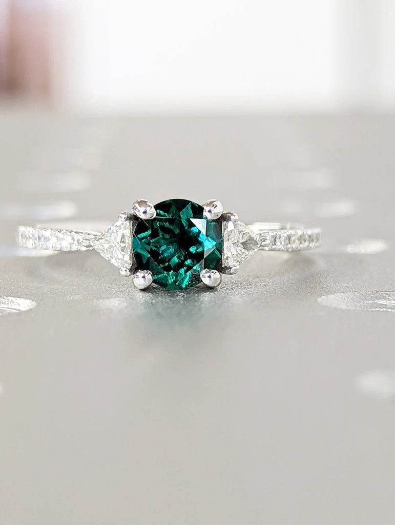 Round cut Green Lab Grown Emerald Women Engagement Cocktail Ring | Triangle Moissanite Eternity Proposal Ring | Solid White Gold, Platinum