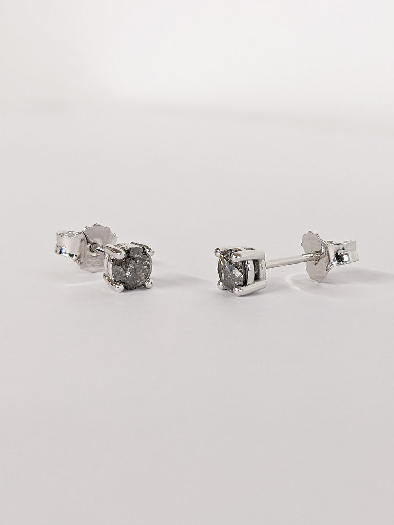 Round cut Natural Grey Salt and Pepper Diamond Women Stud Earrings | 14K Solid White Gold Screw Back Custom Wedding Earrings Pair for Her